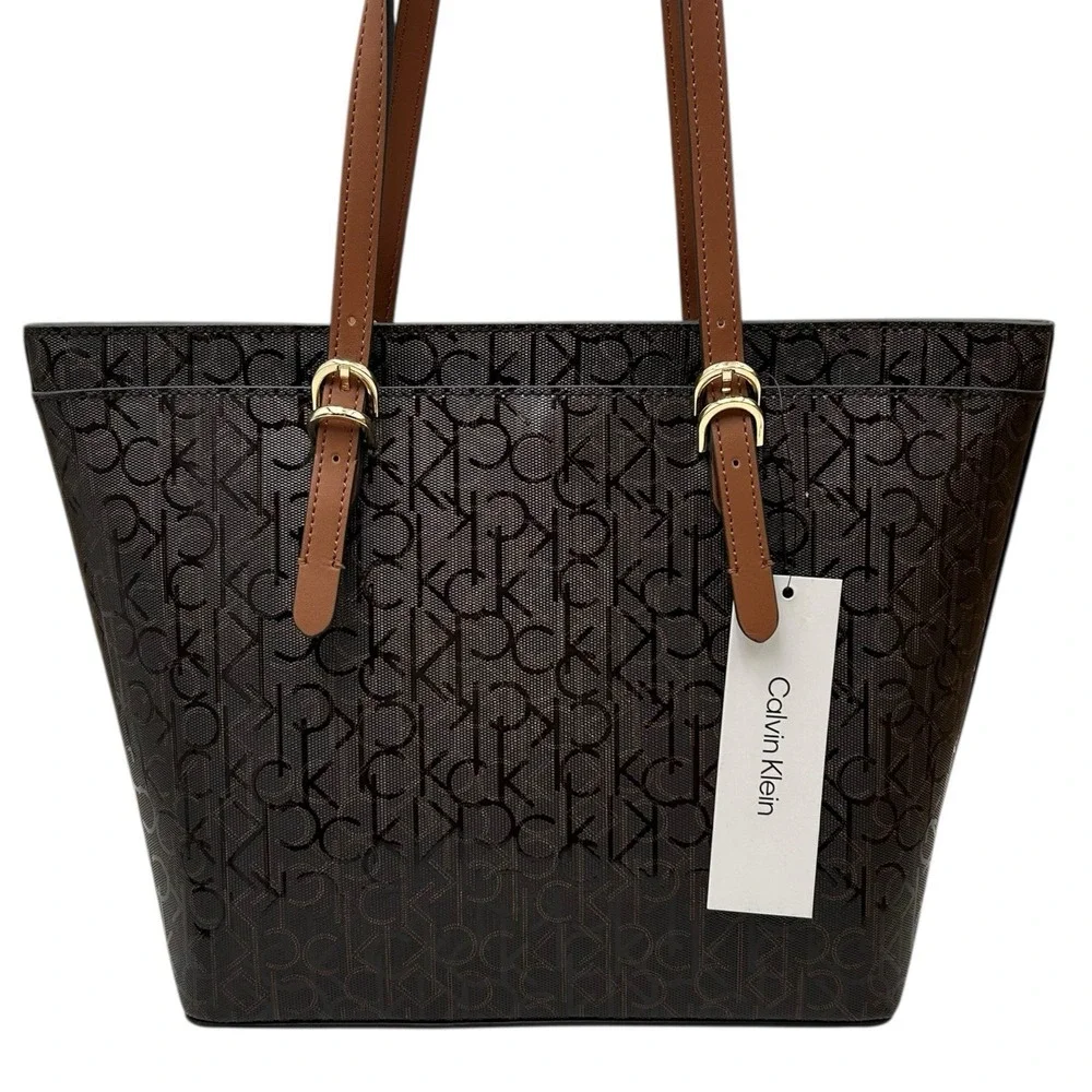 Calvin Klein Serafina Signature Tote Handbag Brown Jacquard Print 15.5x10.5x4.5